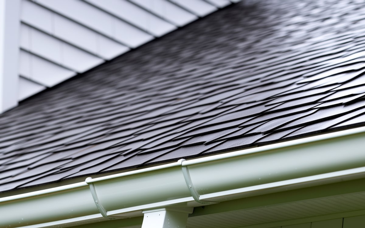 Rainwater running cleanly through a new seamless gutter and away from a home's foundation