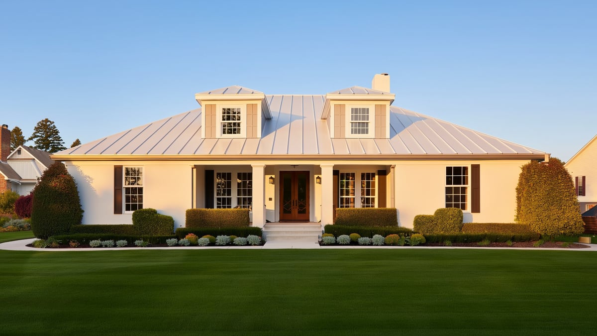 Suburban home exterior with crisp new white seamless gutters along the roofline
