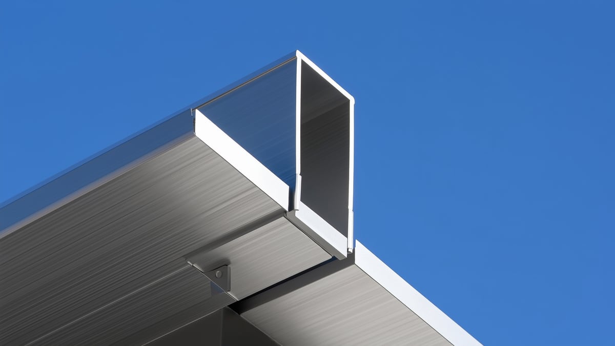 Close detail of a seamless aluminium gutter corner and hidden hanger bracket