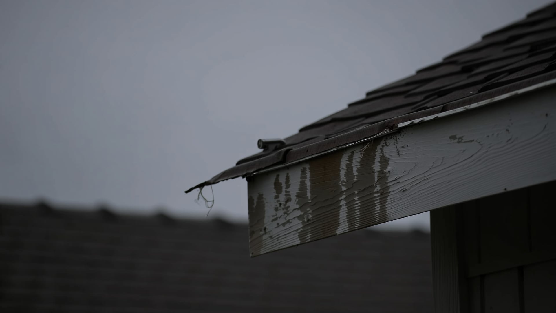 An aluminium gutter sagging and pulling away from a weathered wooden fascia board
