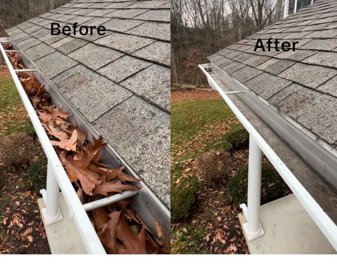 Before and after gutter cleaning showing leaves removed from a shingle roof gutter
