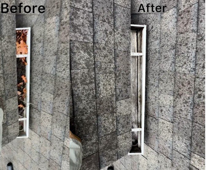 Before and after comparison of a downspout replacement on stone siding